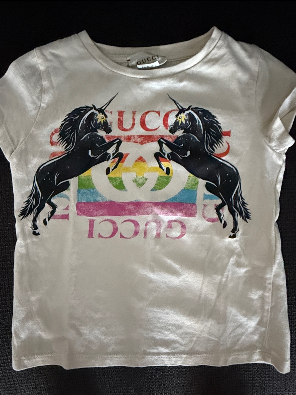 Gucci White Kids Tee with Black Unicorns and Rainbow Logo